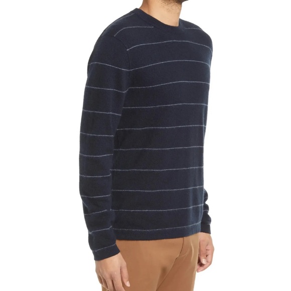 Vince Men's Boiled 100% Cashmere Stripe Long Sleeve Navy Blue Crew Sweater XL - Picture 4 of 14